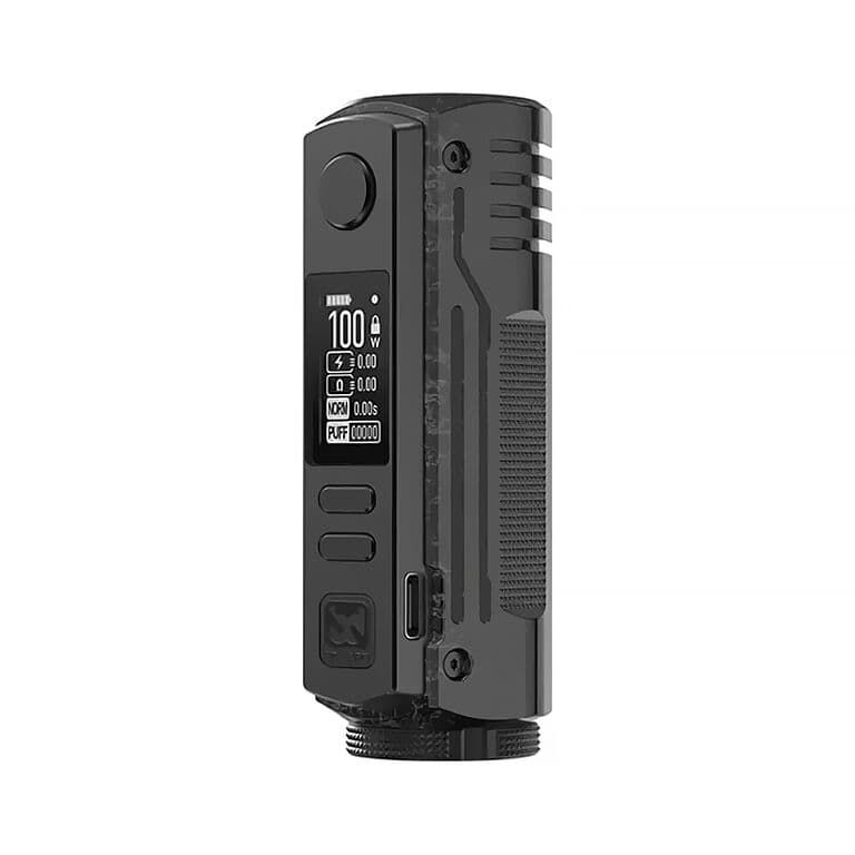 Černý BD Vape Mod Rayden 100 V2 z kovaného karbonu s OLED displejem zobrazujícím výkon 100W a detaily vapingu