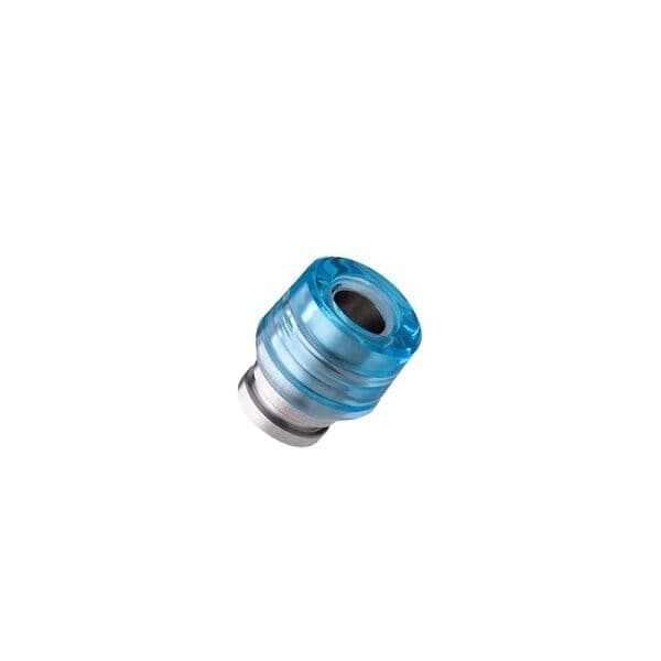 Modrý metalický drip tip naústek dotMod dotRDA X s prohnutým tvarem a nerezovým upevňovacím kroužkem