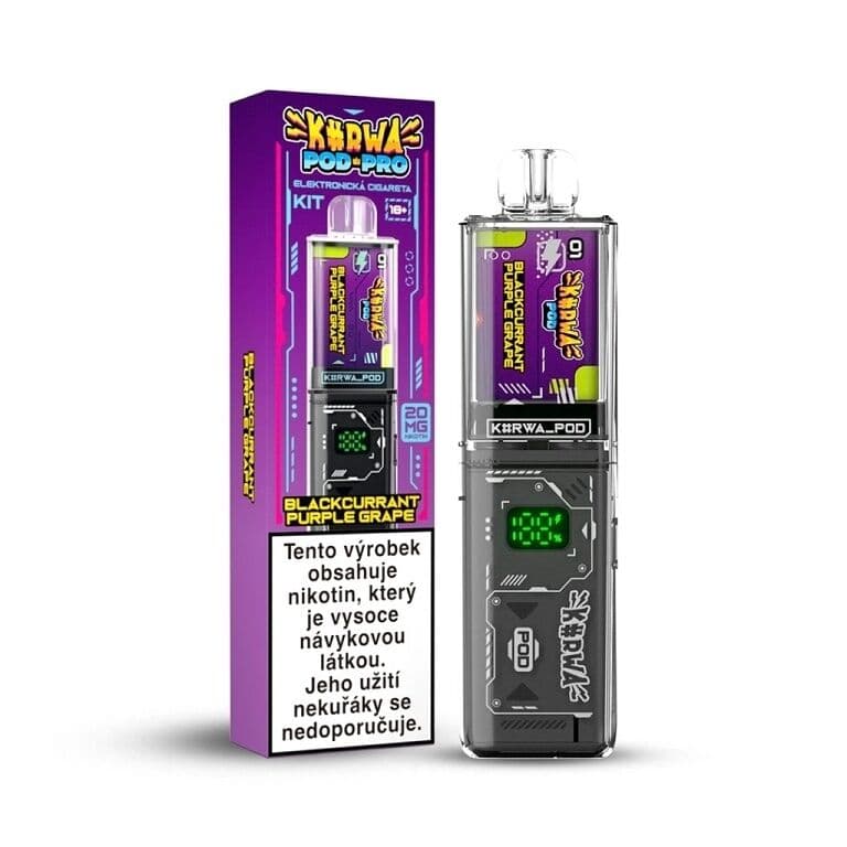 Kurwa Pod Pro Kit s fialovým retro designem příchuť Blackcurrant Purple Grape zobrazený s balením