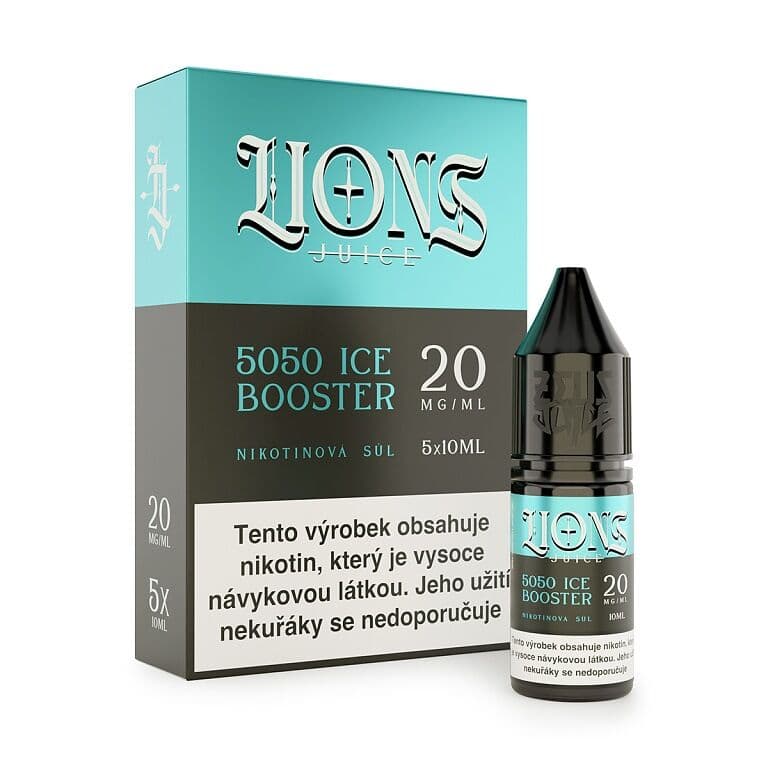 Pět lahviček Lions Juice ICE boosteru 20mg s chladivým efektem v tyrkysovém designu pro vapery