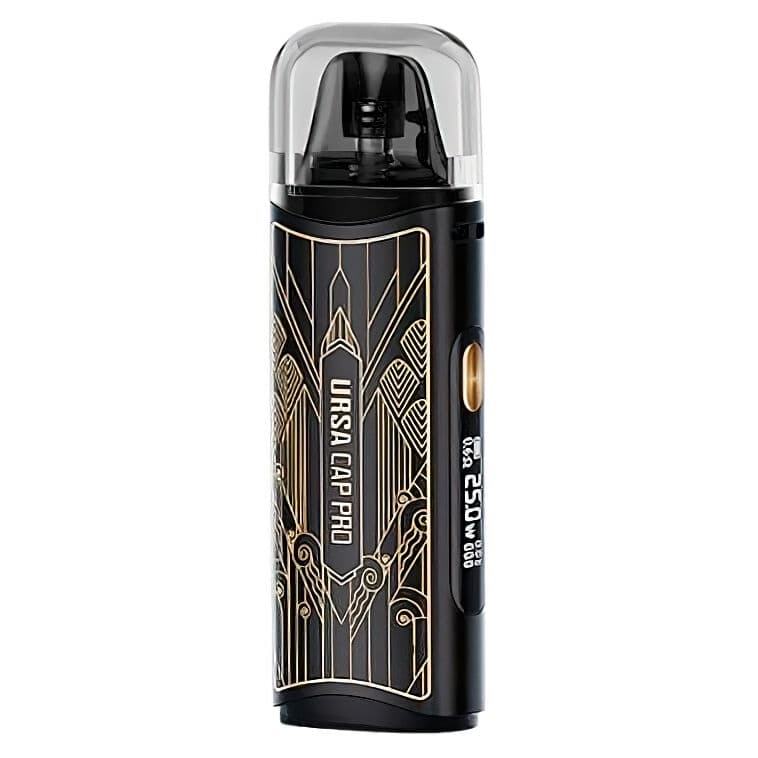 Lost Vape Ursa Cap Pro černá zlatá varianta se zlatými art deco ornamenty a luxusním vzhledem