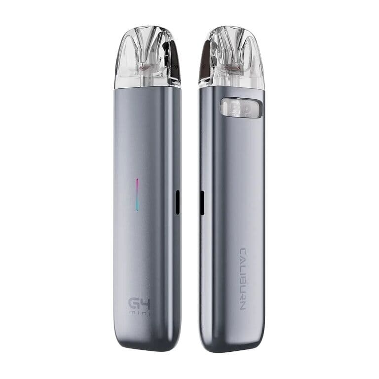Uwell Caliburn G4 Mini elektronická cigareta v šedé Slate Grey barvě zobrazující ergonomický design a kompaktní rozměry