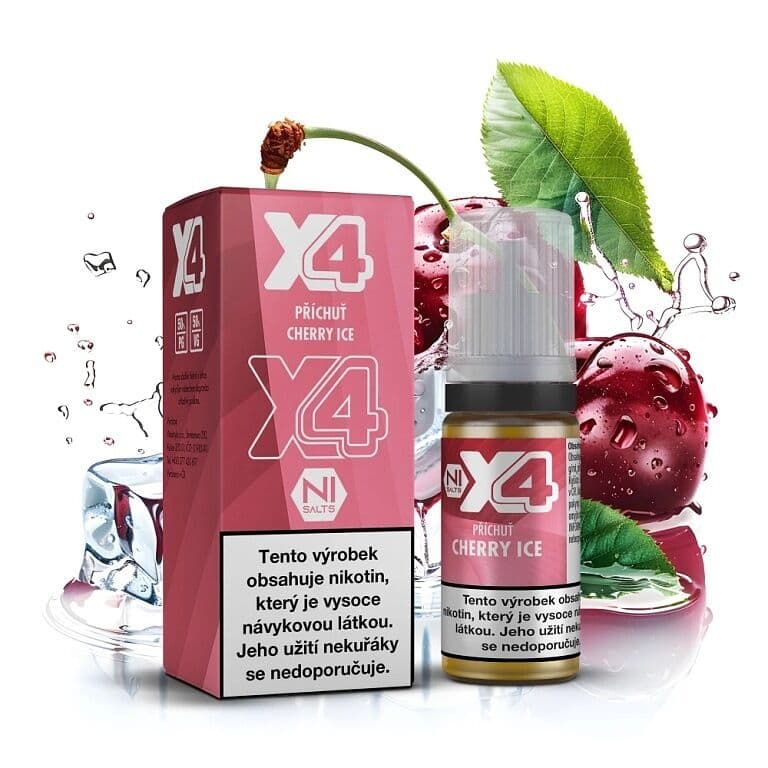 X4 Bar Juice Salt e-liquid Cherry ICE 10mg nikotinové soli, balení s 10ml lahvičkou příchuti třešeň s ledem, čerstvé třešně a kostky ledu s vodním šploucháním na bílém pozadí.