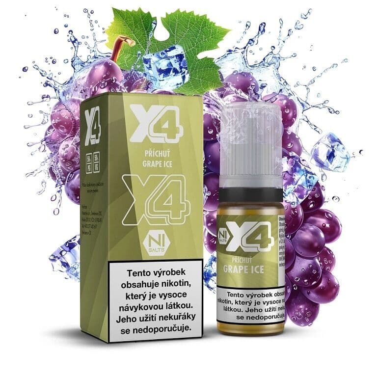 X4 Bar Juice Salt e-liquid Grape ICE 20mg nikotinové soli, balení s 10ml lahvičkou příchuti hrozno s ledem, fialové hrozny a kostky ledu s vodním šploucháním na bílém pozadí.