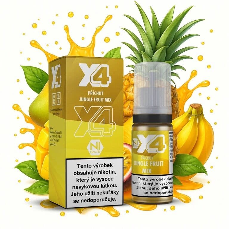 X4 Bar Juice Salt e-liquid Jungle Fruit Mix 20mg nikotinové soli, balení s 10ml lahvičkou příchuti tropické ovoce, ananas, banán a mučenka se zlatou šťávou na bílém pozadí.