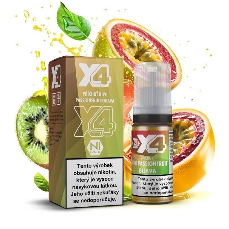 X4 Bar Juice Salt e-liquid Kiwi Passionfruit Guava 20mg nikotinové soli, balení s 10ml lahvičkou příchuti kiwi mučenka guava, čerstvé tropické ovoce se zlatou šťávou na bílém pozadí.