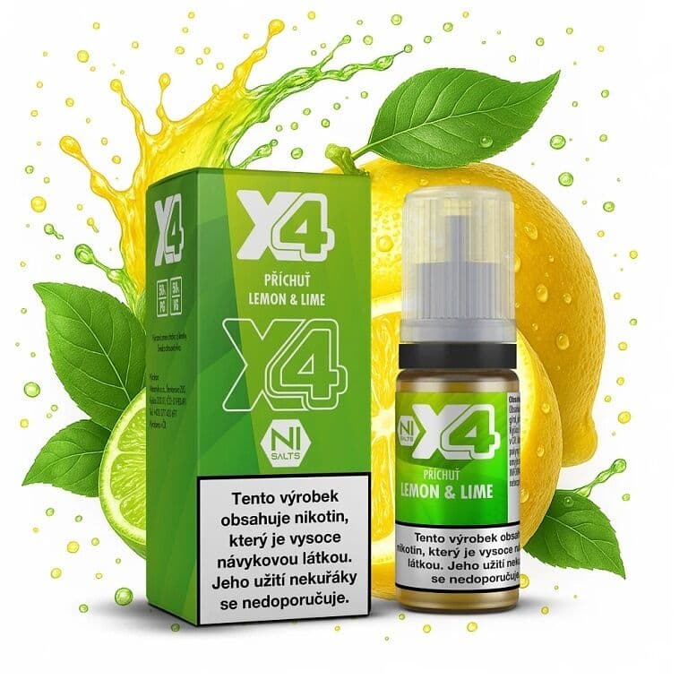 X4 Bar Juice Salt e-liquid Lemon and Lime 20mg nikotinové soli, balení s 10ml lahvičkou příchuti citron a limetka, čerstvé citrusové ovoce se šploucháním šťávy na bílém pozadí.