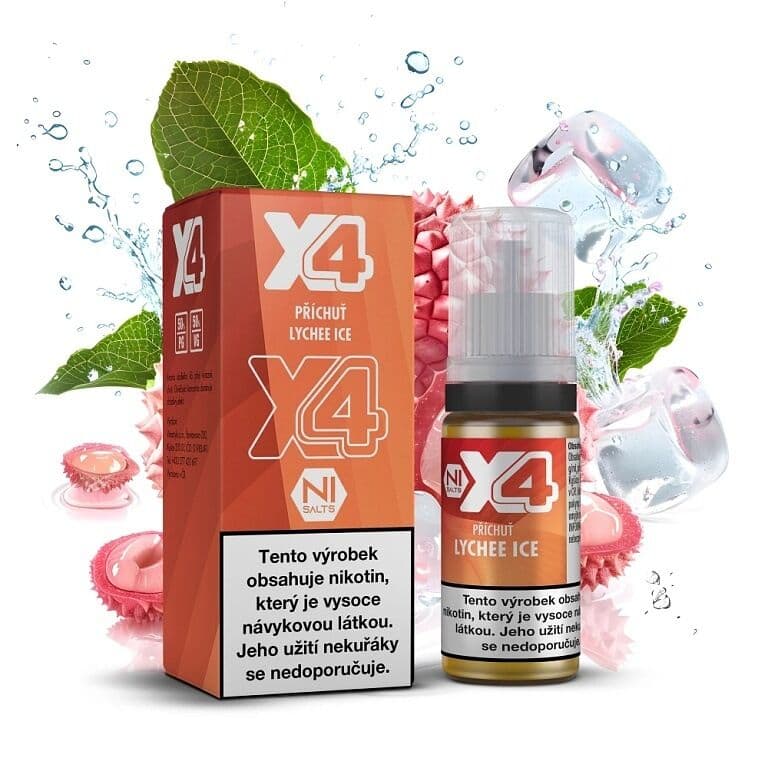 X4 Bar Juice Salt e-liquid Lychee ICE 20mg nikotinové soli, balení s 10ml lahvičkou příchuti liči s ledem, čerstvé liči a kostky ledu s vodním šploucháním na bílém pozadí.