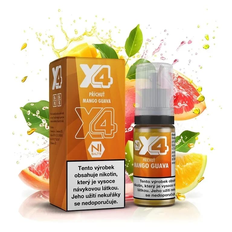 X4 Bar Juice Salt e-liquid Mango Guava 10mg nikotinové soli, balení s 10ml lahvičkou příchuti mango a guava, čerstvé tropické ovoce se šploucháním šťávy na bílém pozadí.