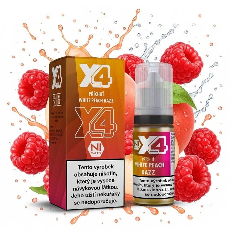 X4 Bar Juice Salt e-liquid White Peach Razz 20mg nikotinové soli, balení s 10ml lahvičkou příchuti bílá broskev a malina, čerstvé maliny a broskev s vodním šploucháním na bílém pozadí.